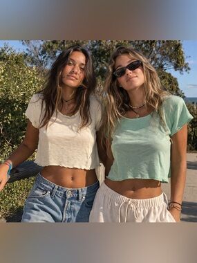 Pitusa Cropped Tees Butter Yellow & Mint Lightweight Modal Cotton Beach Soft